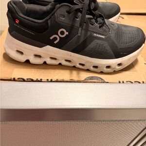 On Running Charcoal and White Athletic Shoes